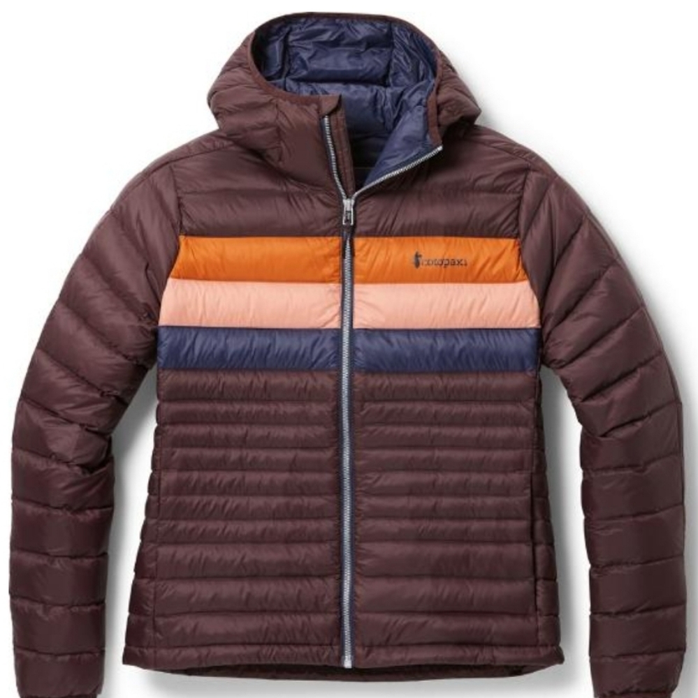 Cotopaxi Fuego women's Hooded jacket purple with orange/pink/blue stripes size L